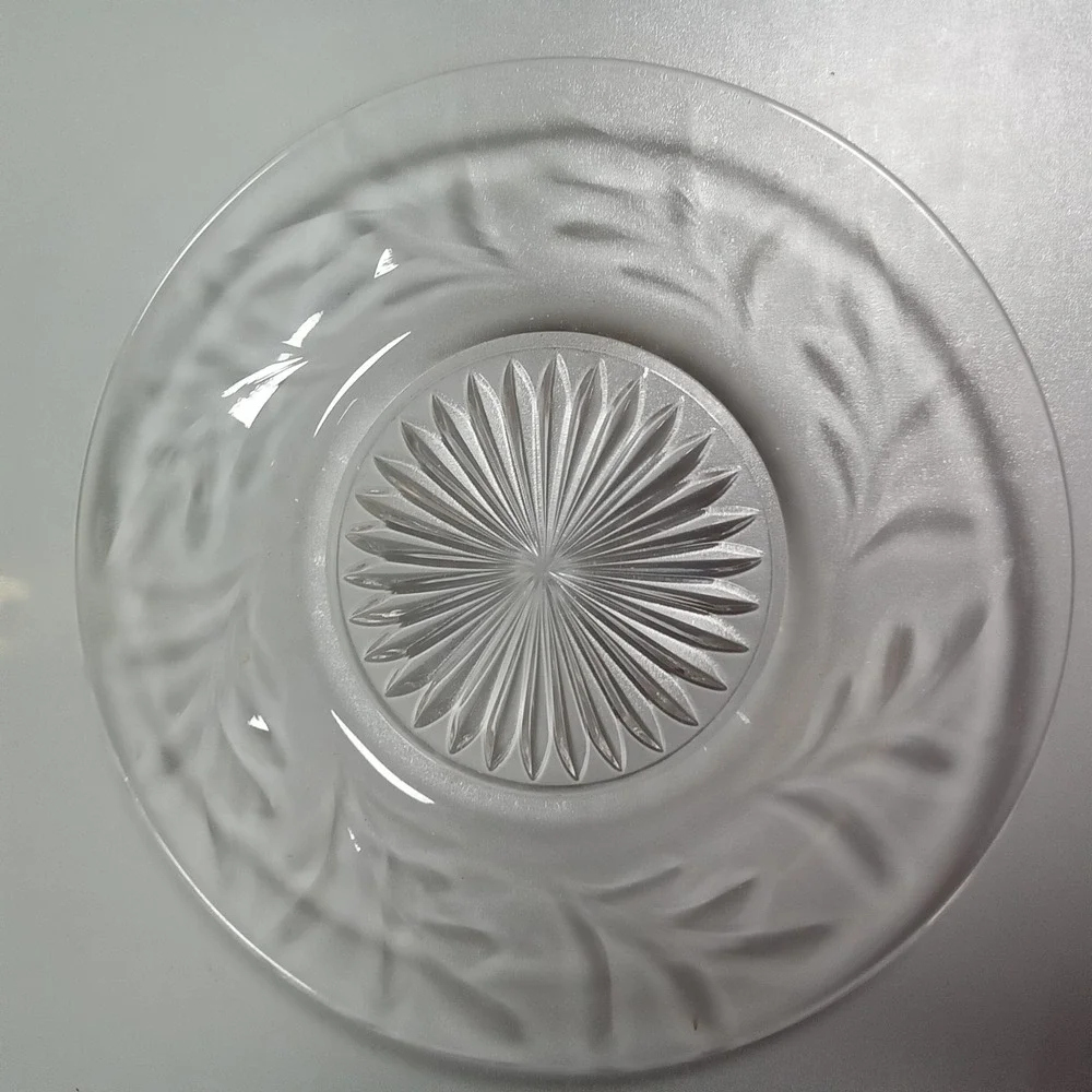 Vintage Clear Pressed Glass‎ 8 Inch Salad Plate Frosted Leaf Sunburst Design